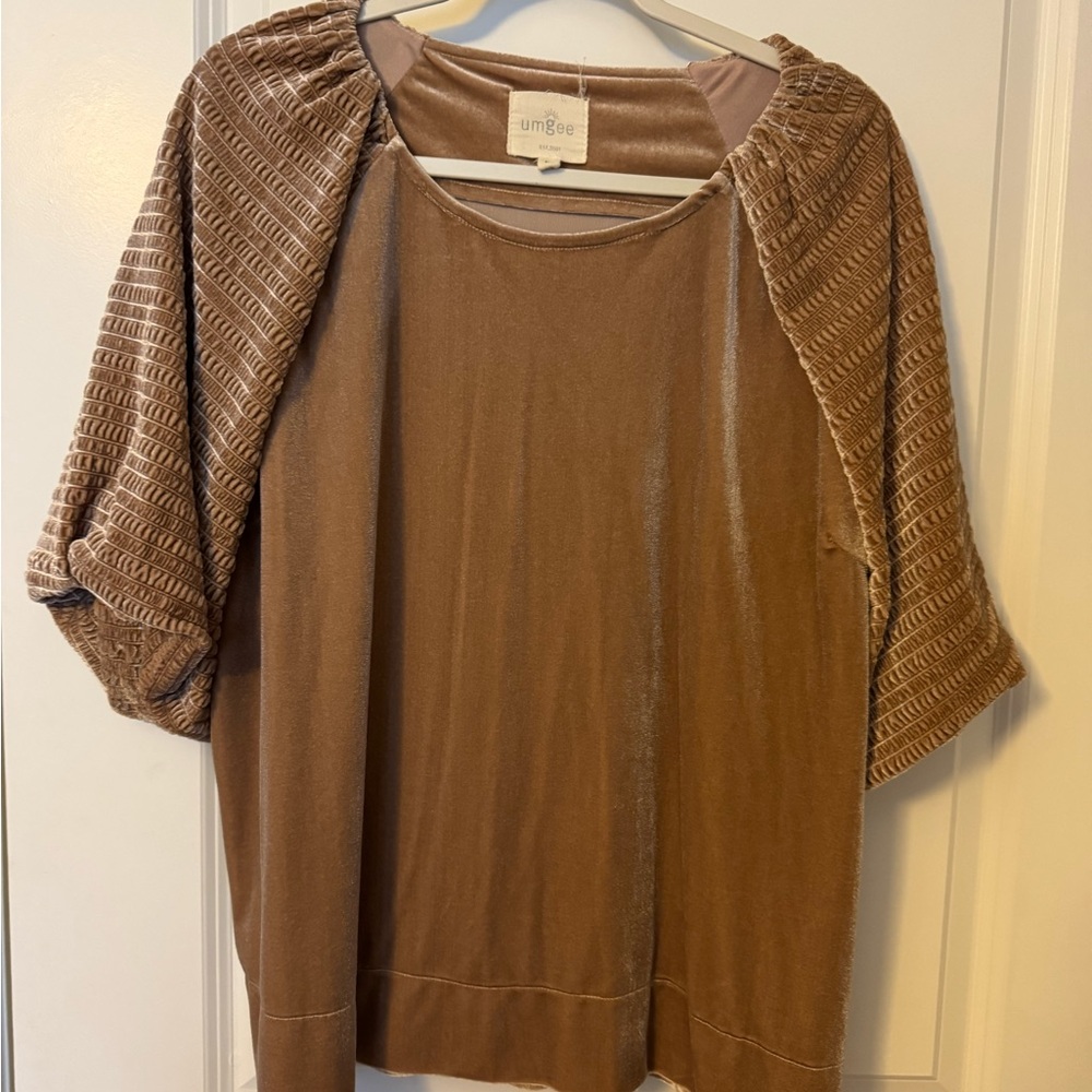 Umgee Tan Crew Neck Sweater with Textured Sleeves